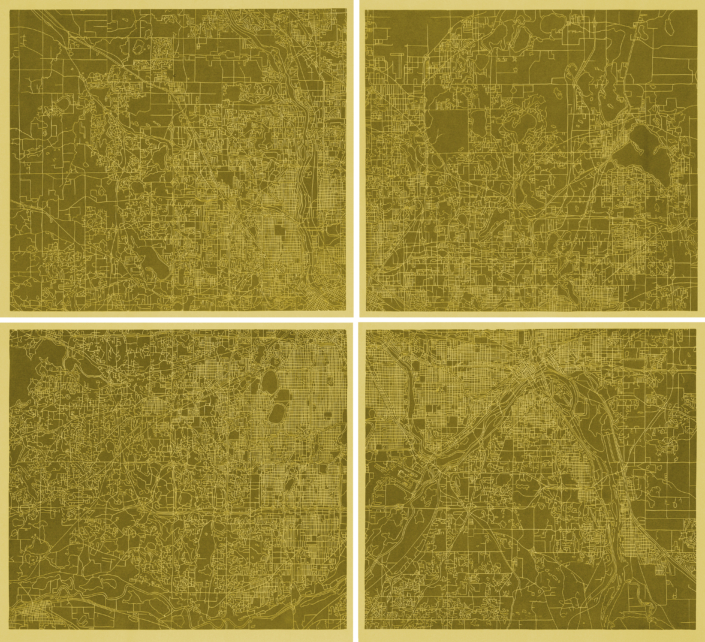 Bernhard Huwiler, «Twin Cities», yellow, 1995, Linoldruck, 4-teiliger Linolschnitt gedruckt auf Hahnemühle-Burga Bütten in 4 verschiedenen Farben