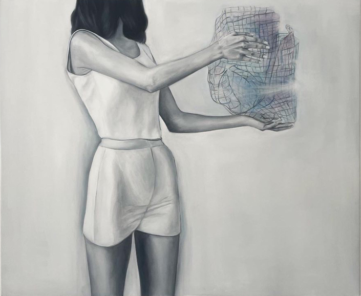 Sibel Kocakaya, «Presentation a Model of Futuristic Building», 2023, Oel auf Leinwand, 100 x 120 cm